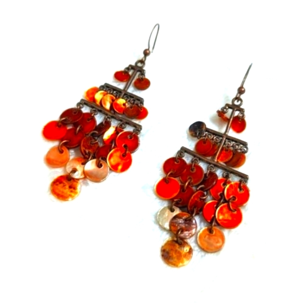 Vintage Coppery Orange Mother of Pearl Dangle Drop Pierced Earrings - Picture 8 of 8